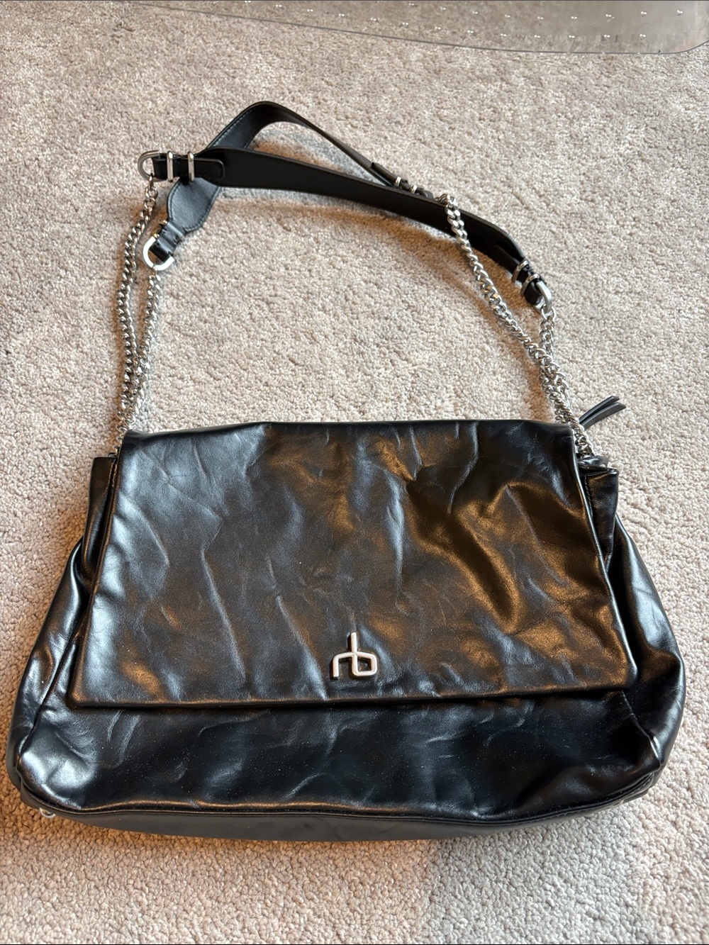 rag & bone Black Leather Shoulder Bag with Silver Chain